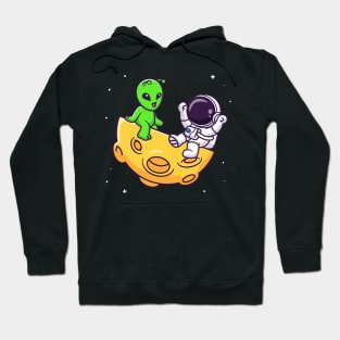 Cute Astronaut Playing With Alien On Moon Cartoon Hoodie